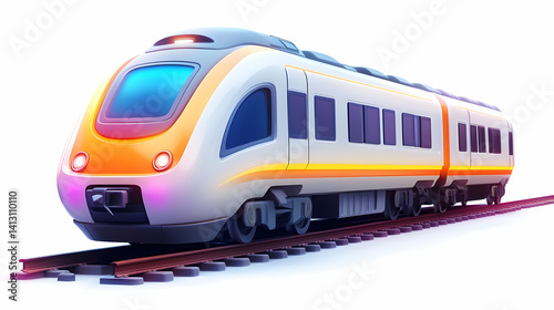 Sleek White Orange Modern Train on Railroad Tracks for High Speed Commuting and Public Transportation on White Background