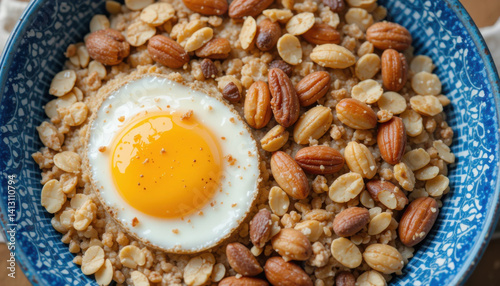 Healthy breakfast ideas enjoy bowl of oats topped with nuts and perfectly cooked egg