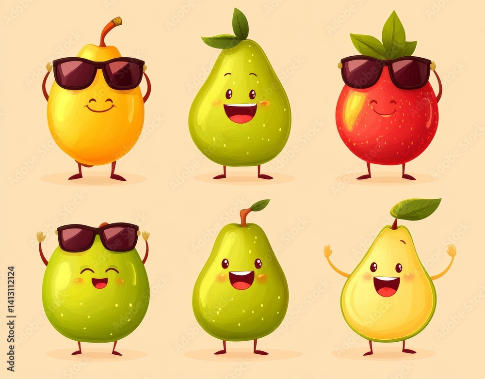 Retro groovy fruit characters, like watermelon, grape, cherry, dragon fruit, papaya, pomegranate, lemon, fig, apple, pear, strawberry, and banana, are featured as a funky cartoon mascot with a happy Retro groovy fruit characters, like watermelon, grape, cherry, dragon fruit, papaya, pomegranate, lemon, fig, apple, pear, strawberry, and banana, are featured as a funky cartoon mascot with a happy