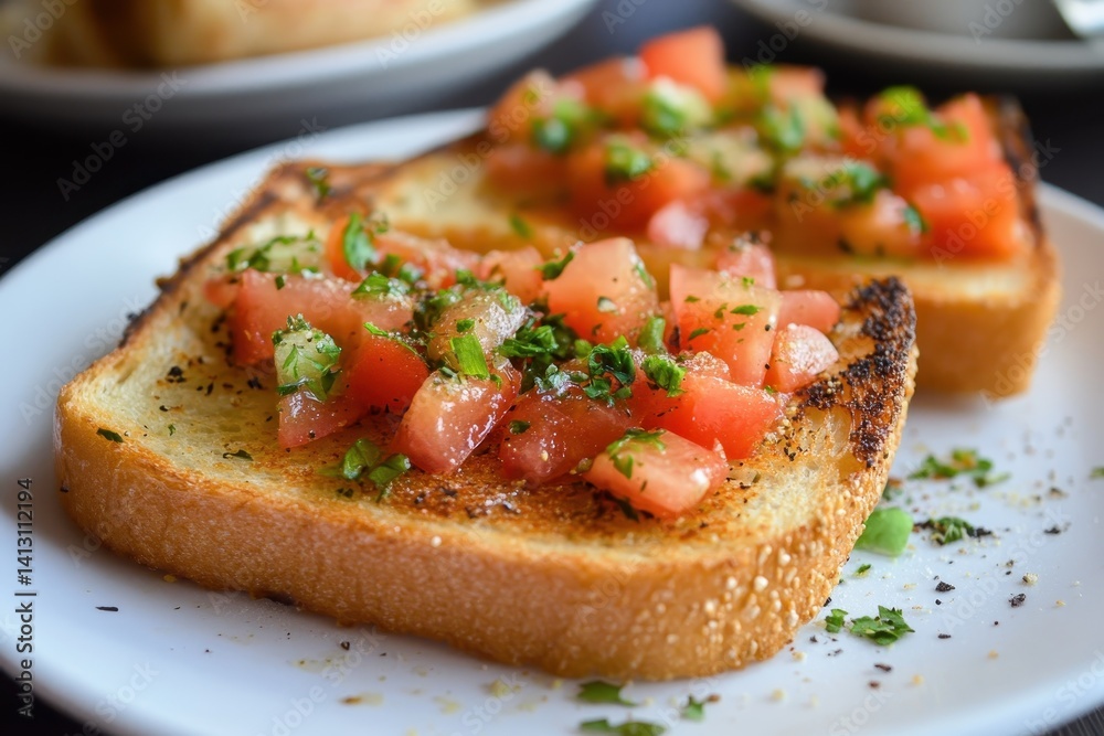 Freshly made toast topped with diced tomatoes and herbs served on a white plate, Toast Freshly made toast topped with diced tomatoes and herbs served on a white plate, Toast