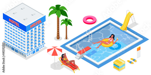 Hotel resort with palms, swimming pool and relaxing woman. Summer vacation icons. Vector 3d isometric design elements