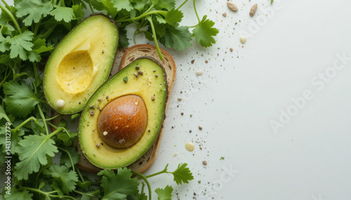 Fresh healthy breakfast ideas avocado on toast with herbs and spices photo