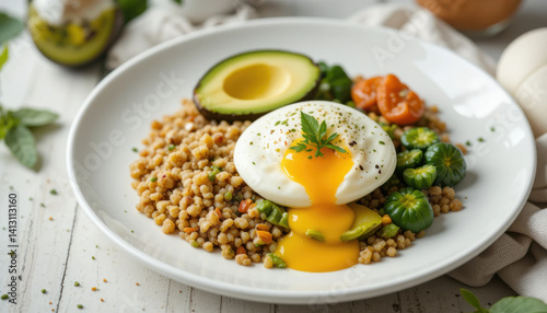healthy breakfast ideas plate featuring poached egg, avocado, and colorful vegetables