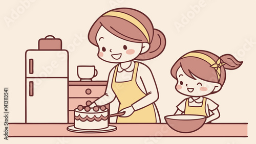 Mom and Daughter Baking Delicious Cake Together in Kitchen