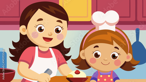 Happy mother and daughter baking a sweet treat together in the kitchen