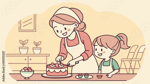 Mom and daughter baking a delicious strawberry cake together in the kitchen