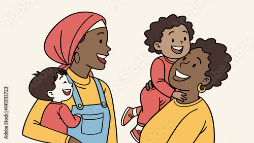 Happy mothers and their toddlers joyfully interacting