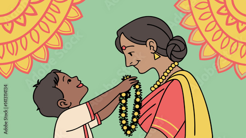 Child gifting garland to grandmother Indian tradition family love