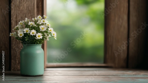 Obraz na płótnie a vase with daisies in it sitting on a table next to a window w salonie