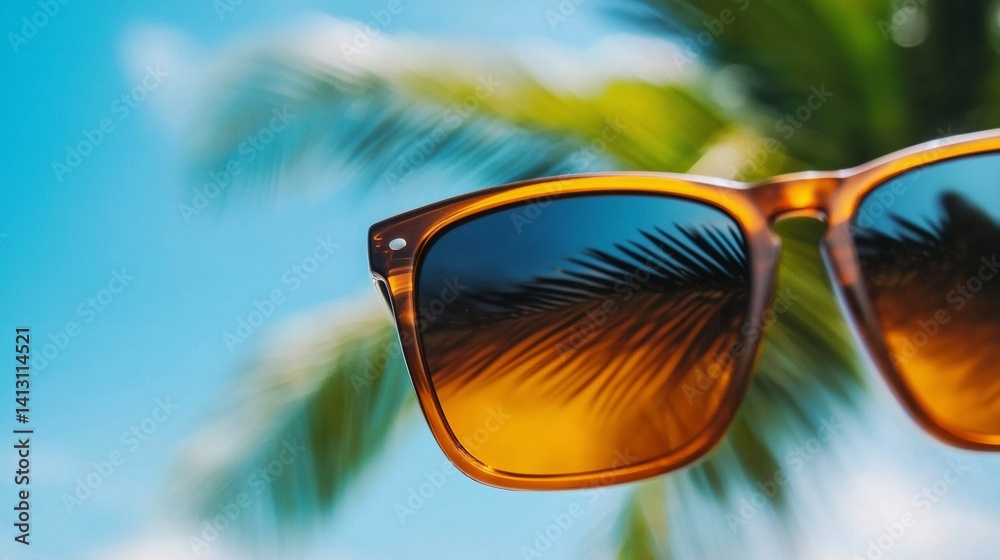 a pair of sunglasses with a palm tree in the background