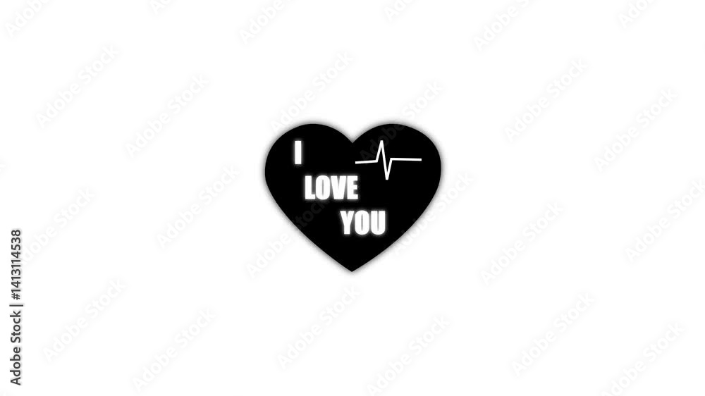 Animation white I Love You text of black heart love icon. on a black background, 