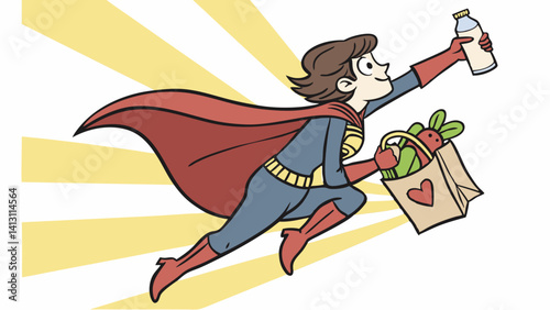 Super Mom flies grocery shopping healthy food veggies milk
