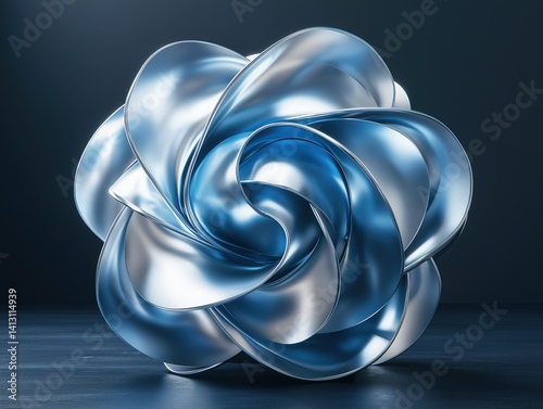 Abstract Metallic Blue Sculpture with Swirling 3D Knots - Modern Contemporary Art Design with Glossy Surface and Geometric Elegance