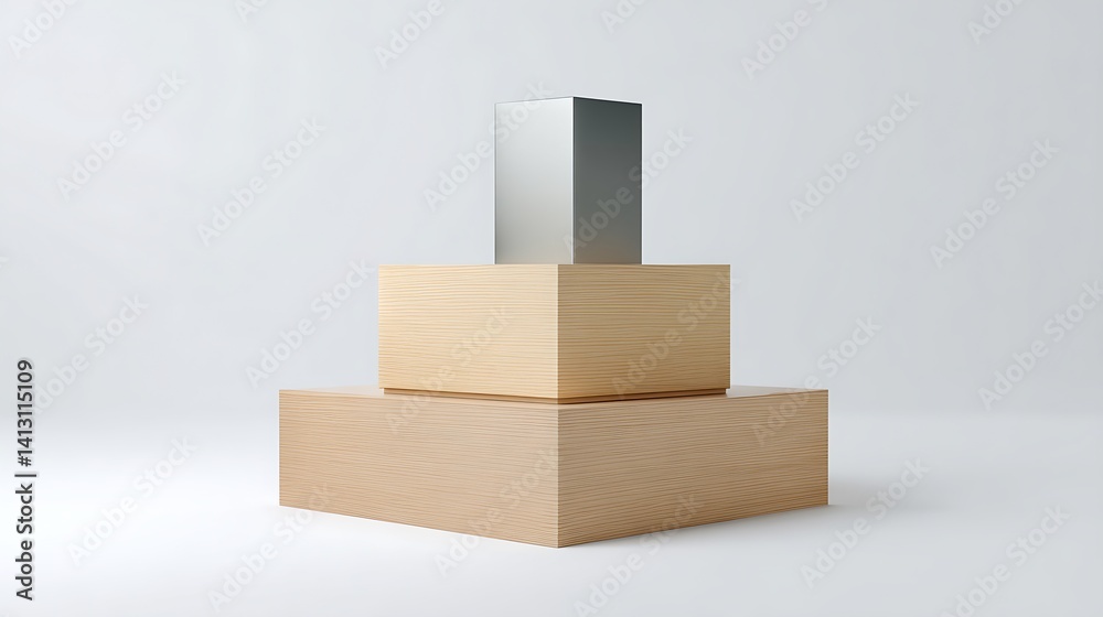 A stack of wooden boxes with a silver box on top