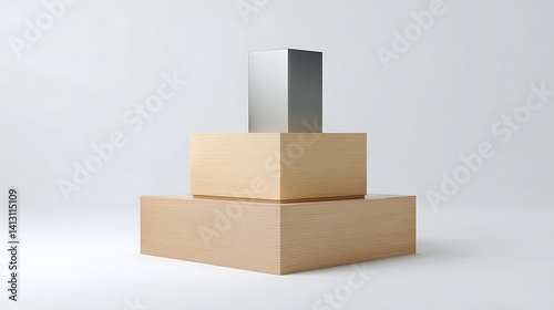 A stack of wooden boxes with a silver box on top