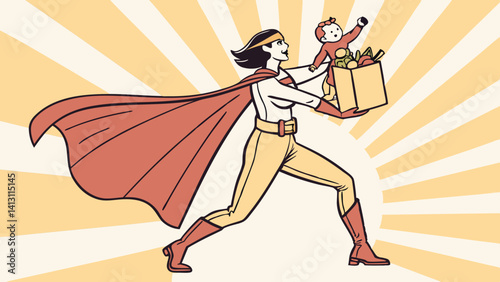 Super Mom carries groceries and baby showcasing motherhood strength