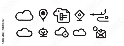 Set of vector icons representing nails, humans, and various symbols for business, communication, and internet services