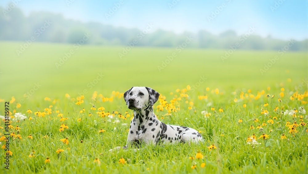 Fototapeta premium Vibrant Dalmatian dog lounging in a picturesque meadow filled with wildflowers on a sunny day