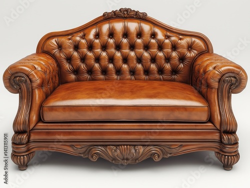 Vintage Leather Couch with Ornate Woodwork: Classic, Comfortable, and Chic Statement Piece for Your Living Area