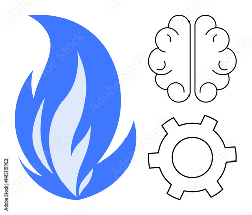 Blue flame, abstract brain outline, and cogwheel representing energy, ideas, and productivity. Ideal for innovation, technology, creativity, passion strategy energy motivation simple landing page