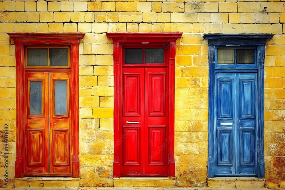 Obraz premium Vibrant Red Blue Orange Doors Old Building Exterior