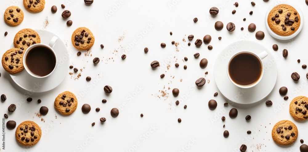 Obraz premium A set for Christmas and Happy New Year greetings includes cute mugs with hot beverages like cacao, tea, and coffee, as well as chocolate chips cookies and pastry, which can be used as elements in