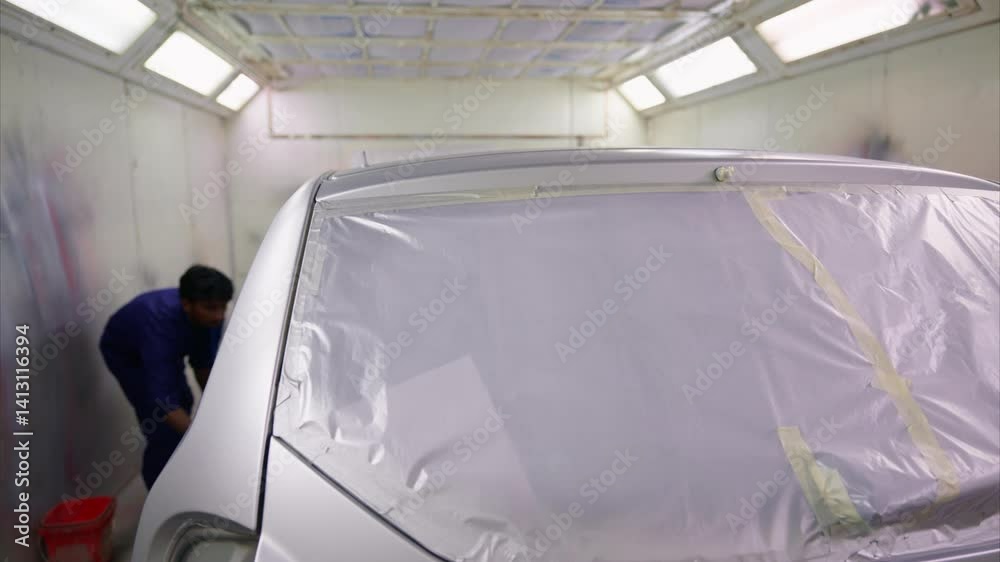 Car technician spray gun in masked zone Car technician spray gun in masked zone