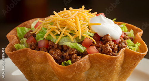 Delicious Taco Salad Served in Crispy Edible Tortilla Shell Bowl