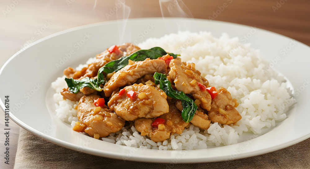Authentic Asian Cuisine Chicken with Basil Served on Steamed Rice Dish Authentic Asian Cuisine Chicken with Basil Served on Steamed Rice Dish