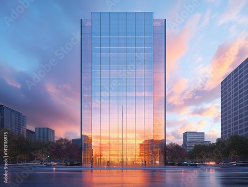 Modern Skyscraper Cityscape: Urban Spectacle at Sunset with Glass Reflections and Contemporary Skyline Design