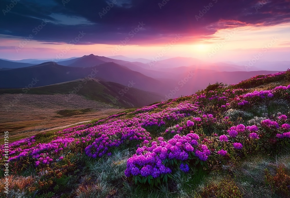 Rhododendrons at mountain sunset. For travel or art-related searches. Purple blooms against sunset symbolize vitality amid closure.