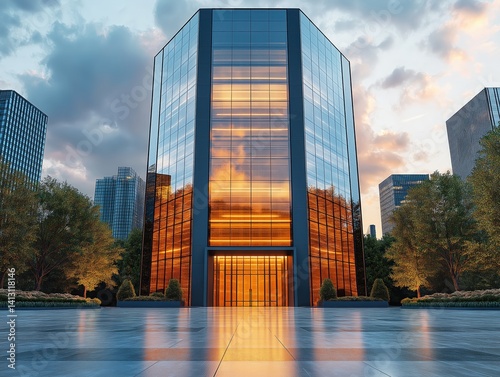 Modern Architecture: Sunset Reflection on Glass Building in Urban Landscape with City Skyline