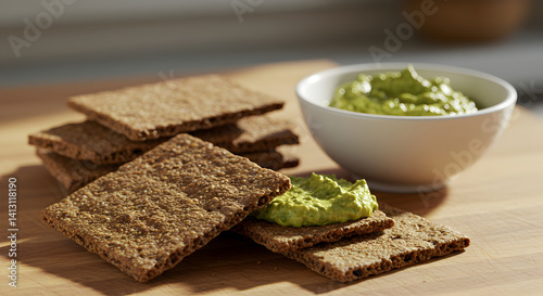 Crispbreads With Fresh Guacamole In A Ceramic Bowl, Healthy Eating