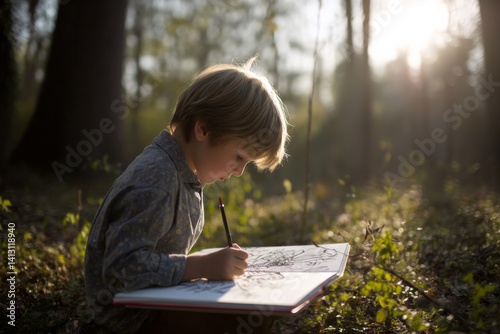 A young boy diligently sketching in the woods, illuminated by the sun, capturing the outdoors.