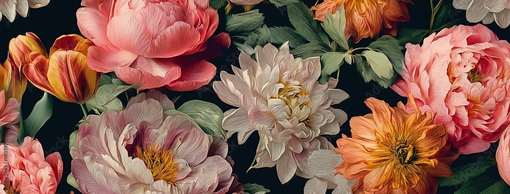 custom made wallpaper toronto digitalFloral bouquet painting. Richly colored peonies and tulips against dark background symbolize opulence and spring’s arrival. Used in wall art, fashion prints, or luxury decor.