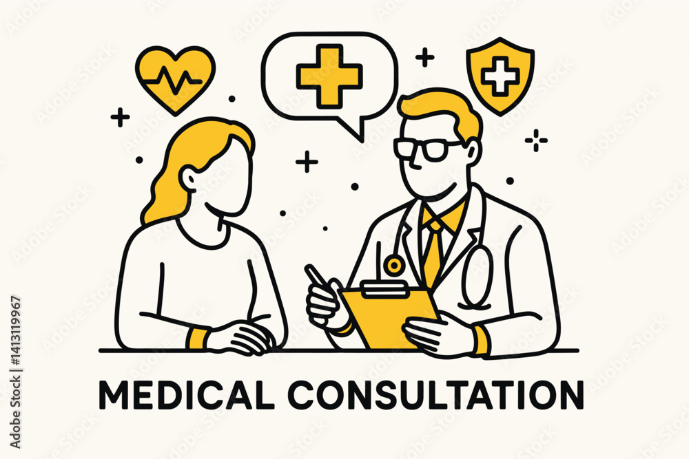 Medical consultation. Modern flat line art illustration. Trendy outline vector graphic elements. Creative concept. Black and yellow colors isolated on white background Medical consultation. Modern flat line art illustration. Trendy outline vector graphic elements. Creative concept. Black and yellow colors isolated on white background
