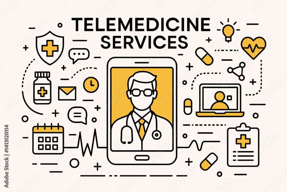 Telemedicine services. Modern flat line art illustration. Trendy outline vector graphic elements. Creative concept. Black and yellow colors isolated on white background Telemedicine services. Modern flat line art illustration. Trendy outline vector graphic elements. Creative concept. Black and yellow colors isolated on white background