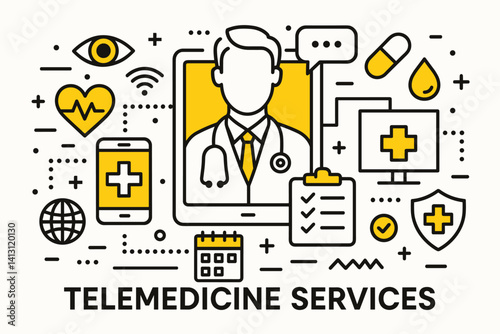 Telemedicine services. Modern flat line art illustration. Trendy outline vector graphic elements. Creative concept. Black and yellow colors isolated on white background