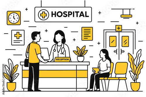 Hospital reception. Modern flat line art illustration. Trendy outline vector graphic elements. Creative concept. Black and yellow colors isolated on white background