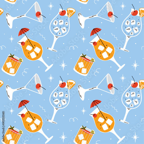 Classical alcohol cocktails seamless vector pattern with cartoon retro groovy funky colorful illustration of various tropical exotic summer fancy drinks in different shapes glasses
