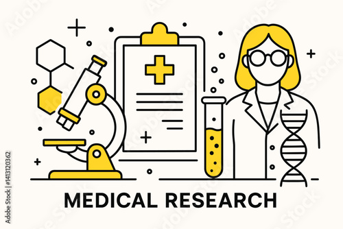 Medical research. Modern flat line art illustration. Trendy outline vector graphic elements. Creative concept. Black and yellow colors isolated on white background