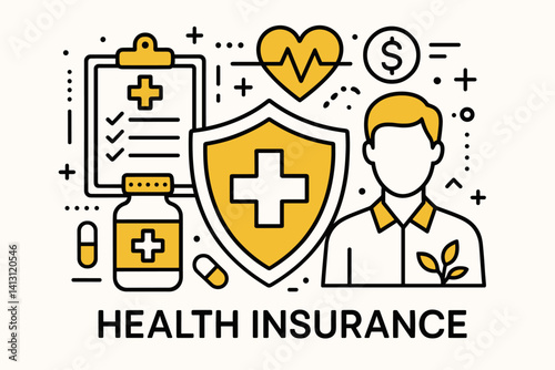 Health insurance. Modern flat line art illustration. Trendy outline vector graphic elements. Creative concept. Black and yellow colors isolated on white background
