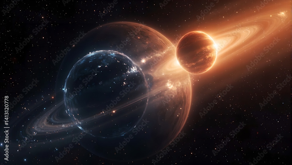 Fototapeta premium Vibrant binary planet system with icy blues and sunlit oranges orbiting together set against a backdrop of brilliant stars