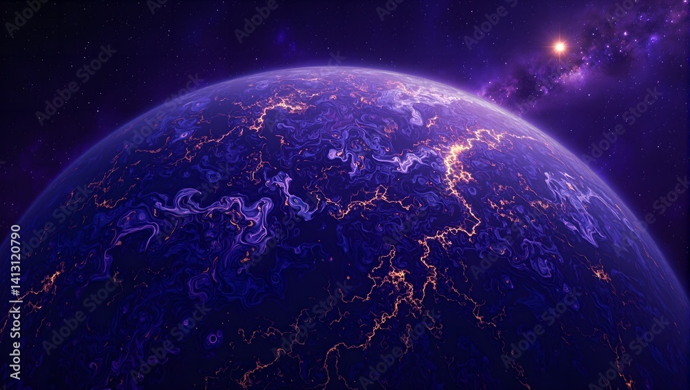 Obraz premium Explore the mesmerizing beauty of a distant alien planet its surface cloaked in swirling fractal patterns in shades of violet and indigo kissed by golden light