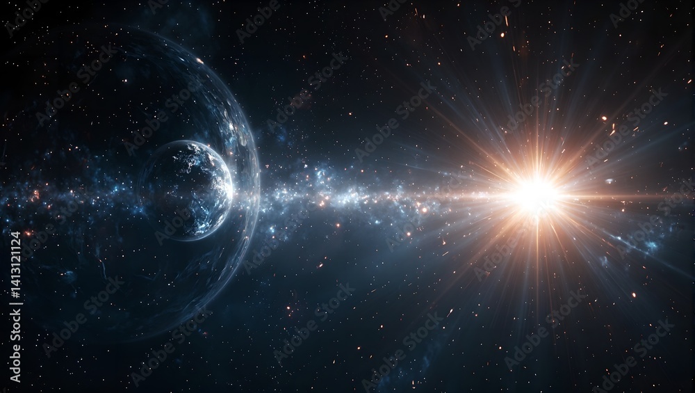 Fototapeta premium Explore cosmic beauty with a mesmerizing image of an icy planet orbiting a dazzling star reflecting stunning patterns of light
