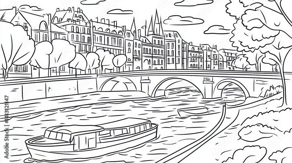 Fototapeta premium Parisian Canal Scene, Line Drawing, Coloring Page, Background Cityscape, Educational