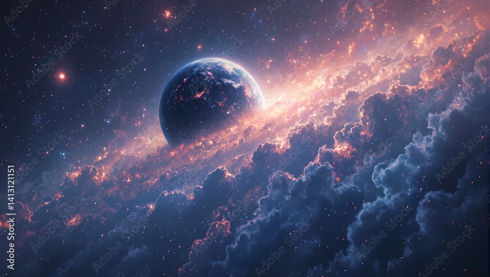 Obraz premium Vibrant semi translucent planet with glowing currents surrounded by colorful nebular clouds in a dynamic cosmic scene