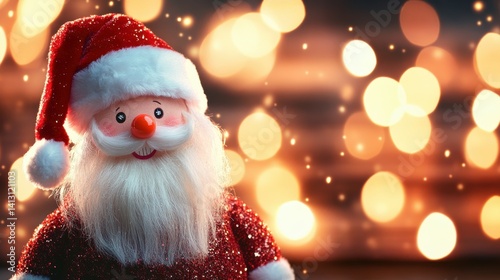 Festive Santa Claus Toy with Sparkling Background and Bokeh Lights