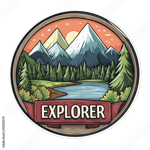 Camping Adventure Emblem with Nature Icons – Vintage Wilderness Badge Featuring Hiking, Survival Elements, Mountains, Trees, and Outdoor Gear Design for Scouts and Explorers