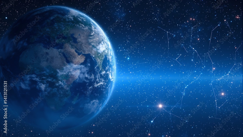 Obraz premium Explore the beauty of a distant Earth like planet from space Blue oceans white clouds and shimmering stars create a peaceful and serene scene